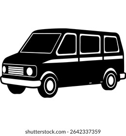 A sleek, black and white vector illustration depicts a passenger van in a simplified, silhouette style.
