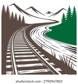A sleek black and white vector illustration of winding train tracks cutting through a scenic snowy mountain landscape with evergreen trees.