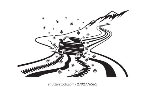 Sleek black and white vector illustration of a modern car driving rapidly along a winding mountain road during a heavy winter snowstorm featuring detailed tire tracks and stylized snowflakes falling across the sharp artistic composition for a creative winter travel or automotive themed graphic design project