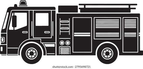 A sleek black and white vector illustration of a fire truck ready for emergency response, featuring detailed compartments and equipment.