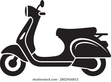 A sleek black and white vector illustration of a classic scooter featuring a sidecar, showcasing a clean and minimalist design ideal for icons, logos, or vintage-themed projects.
