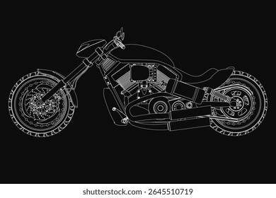 Uma elegante motocicleta vetorial preto e branco destaca-se contra um fundo escuro, com guiadores detalhados, um assento texturizado e rodas arrojadas. O design de alto contraste destaca o da bicicleta.