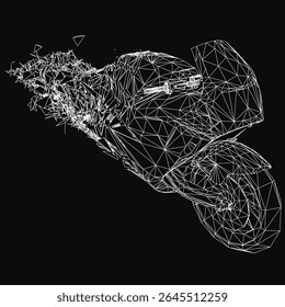 Uma elegante motocicleta vetorial preto e branco destaca-se contra um fundo escuro, com guiadores detalhados, um assento texturizado e rodas arrojadas. O design de alto contraste destaca o da bicicleta.