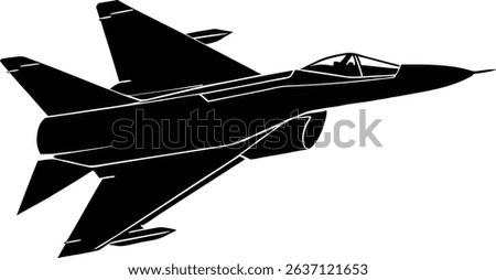 A sleek black and white vector silhouette depicts a modern fighter jet against a plain backdrop. This vector illustration is ideal for graphic design projects, aviation themes, and military concepts.