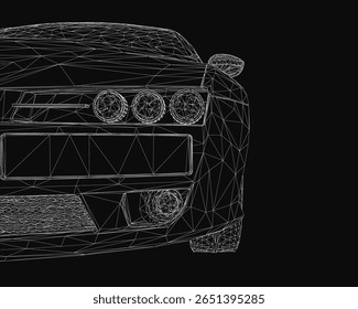 Um elegante carro preto e branco wireframe renderizado em 3D se destaca contra um fundo escuro. A estrutura de malha detalhada destaca os contornos e o design do veículo.