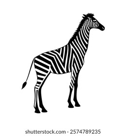 A sleek black zebra silhouette vector on a solid white background. Perfect for wildlife-themed designs, logos, prints, and digital art. Minimalist and versatile for creative projects.