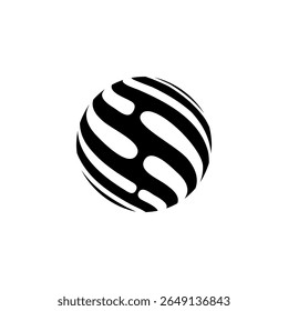 A sleek black-and-white abstract globe icon featuring smooth, flowing wave-like lines across a 3D spherical shape. This modern symbol evokes themes of innovation, artificial intelligence, global netwo