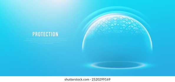 A sleek blue abstract background featuring a protective shield dome with modern geometric patterns