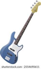 A sleek blue electric bass guitar with a white pickguard and a light-colored headstock, designed in a modern vector style