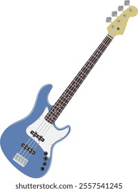 A sleek blue electric bass guitar with a white pickguard and a light-colored headstock, designed in a modern vector style