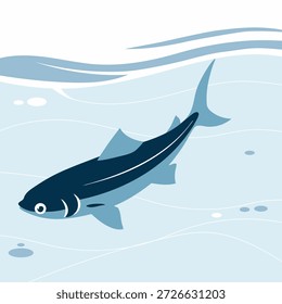 Ein glatter blauer Fisch, der durch helle Wellen und Blasen auf einem blassen Wasserhintergrund gleitet.