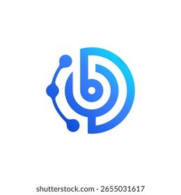 Um elegante logotipo de gradiente azul exibindo círculos concêntricos e pontos interconectados, com um abstrato "b" integrado, significando uma rede dinâmica ou hub de dados