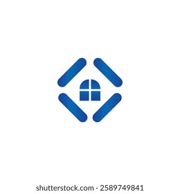 Sleek blue house logo featuring a stylized window within a hexagon-like frame. Ideal for real estate, construction, or home services, conveying reliability and modernity.