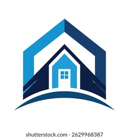 Sleek blue house logo with window, curved base, vector design, real estate icon, modern style, home symbol, minimalist graphic