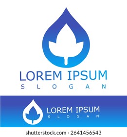 A sleek blue logo featuring a droplet-shaped outline with a leaf silhouette inside, symbolizing purity, nature, and sustainability