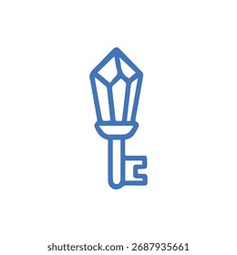 Una elegante llave delineada en azul con una tapa de cristal facetada que simboliza la magia y el valor del acceso en un estilo gráfico de Vector limpio