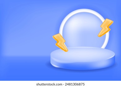 A sleek, blue podium with lightning bolts on a futuristic backdrop, perfect for showcasing tech products, gadgets, or innovative solutions. Ideal for boosting product visibility and engagement