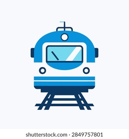 A sleek blue train facing forward on railway tracks, highlighting modern transportation and engineering design in a clean, minimal setting.