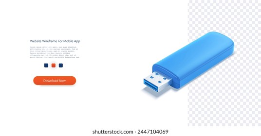 Sleek Blue USB Flash Drive Isolated on Transparent Background. 3D illustration of a modern blue USB flash drive with a transparent shadow, symbolizing data storage and technology. Vector