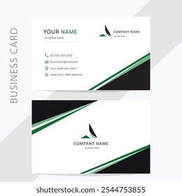 Sleek business card template with black, green, and white accents, featuring a logo, contact information, and angled line details for a modern look.