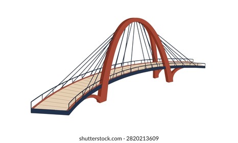 sleek cable-stayed bridge featuring a red arch structure and wooden pathway set against scenic outdoor backdrop ideal for transportation and engineering visuals