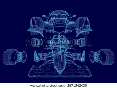 A sleek car blueprint features intricate wireframe details and aerodynamic contours on a vibrant blue background. The technical drawing highlights the car's sporty design with precision.