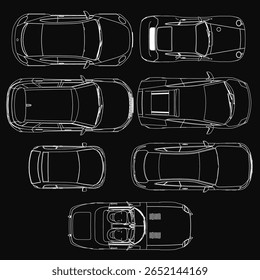 Um modelo de carro elegante em vista superior sobre um fundo preto, mostrando elementos de design detalhados e medições precisas. O conjunto minimalista destaca os contornos e as características técnicas do veículo. Vista superior