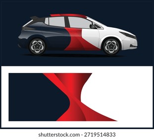 Se muestra un automóvil elegante con una división de colores llamativos y un Diseño gráfico abstracto que lo acompaña.
