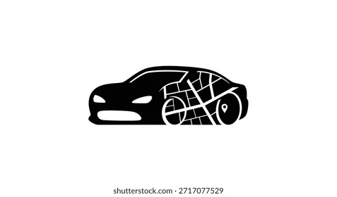 Uma silhueta de carro elegante integrada com um design de mapa, simbolizando a navegação, viagens e a indústria automotiva.