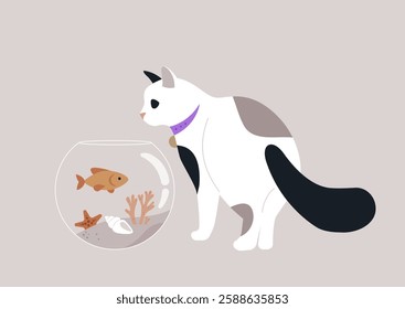 A sleek cat, adorned with a collar, intently gazes at a glass aquarium filled with vibrant fish, starfish, and colorful decor, set against a gentle pastel background, evoking a home atmosphere