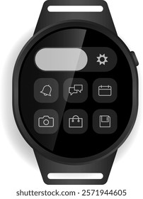 A sleek circular smartwatch interface displaying a grid of app icons, including notifications