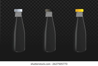 Sleek clear glass bottles with white, black, and yellow caps, ideal for beverage, perfume, or cleaning product mockups. Perfect for branding, e-commerce, or minimalist packaging visuals.