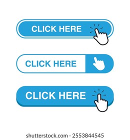 A sleek "Click Here" button set with a pointer icon in action. Ideal for web designs, featuring clicking icons and action buttons. Perfect for modern vector illustrations. EPS 10