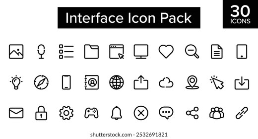 A sleek collection of 30 outline user interface icons, perfect for modern web and mobile applications. 