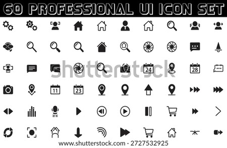 A sleek collection of 60 black and white user interface icons designed for modern digital applications. This minimalist icon set includes essential UI elements such as search, home, settings, user profile, calendar, location, shopping cart, media controls, and navigation arrows. Perfect for web, mobile, and software design projects, these vector-style icons offer clean lines and consistent styling for a professional look. Ideal for developers, designers, and UXUI specialists seeking cohesive visual assets.