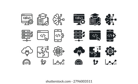 A sleek collection of black and white flat icons representing web development, coding, cloud services, and technology concepts. Perfect for illustrating apps, websites, tutorials, and tech-related presentations.