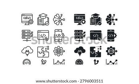 A sleek collection of black and white flat icons representing web development, coding, cloud services, and technology concepts. Perfect for illustrating apps, websites, tutorials, and tech-related presentations.