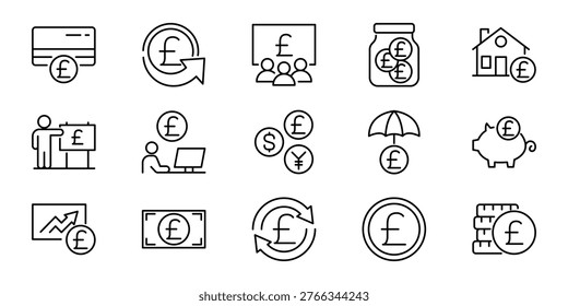 Sleek collection of British Pound sterling vector line icons depicting diverse financial concepts, from banking and investments to savings and economic management