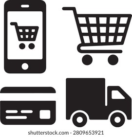 A sleek collection of e commerce icons representing online shopping, mobile transactions, secure payments, and efficient delivery logistics.