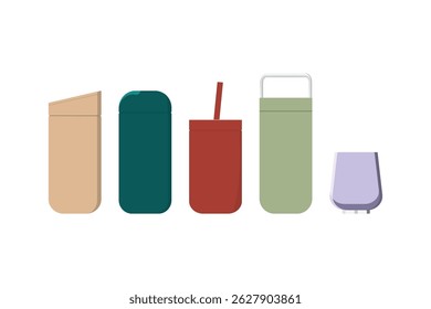 Sleek collection of modern reusable drink containers in minimalist design with diverse colors and styles. Features sustainable alternatives to single-use plastics including tumblers, travel mugs