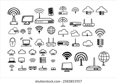 A sleek collection of modern thin line icons for network technology. Perfect for digital, web, and IT designs, featuring cloud, AI, security, and connectivity elements.