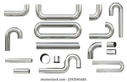 A sleek collection of polished stainless steel pipes in various shapes and bends. Perfect for industrial, plumbing, or creative design applications, featuring realistic reflections. 3d vector illustra
