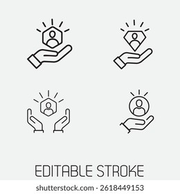 A sleek collection of thin line icons featuring hand gestures, symbolizing customer care, support, and human resources. This vector set includes simple, modern designs perfect for websites, apps.