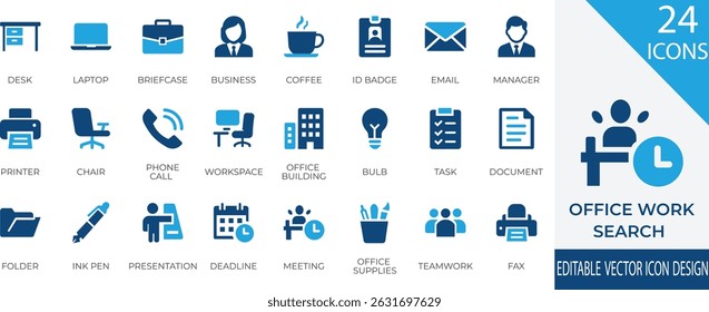 Uma coleção elegante de ícones vetoriais que representam elementos essenciais de trabalho do escritório, como laptops, documentos, reuniões, prazos finais e ferramentas de local de trabalho. Perfeito para uso em apresentações de negócios, aplicativos