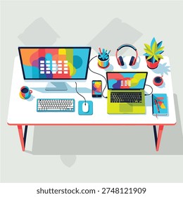 A sleek computer setup featuring a desktop monitor laptop keyboard and various office supplies