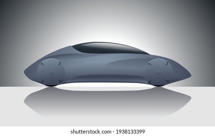 Sleek concept car against a light background with reflections on the floor. Side view of sport car in studio. Vector illustration.
