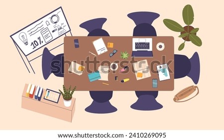 Sleek Conference Table Dominates The Office Space, Surrounded By Ergonomic Chairs. Natural Light, Vector Illustration