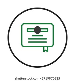 Un icono de certificado elegante y contemporáneo que muestra un borde verde oscuro y acentos. Perfecto para simbolizar logros, calificaciones y reconocimiento oficial. Su diseño limpio lo hace ideal para