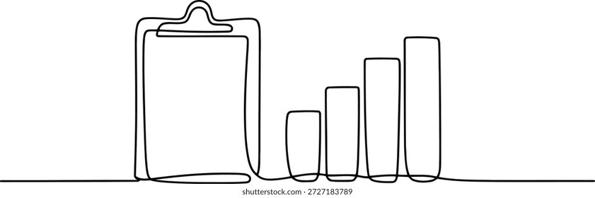 Dibujo de líneas continuo y elegante que representa un Portapapeles a la izquierda y un gráfico de barras de progreso con tres barras ascendentes a la derecha.