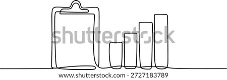 A sleek, continuous line drawing depicting a clipboard on the left and a progress bar chart with three ascending bars on the right.